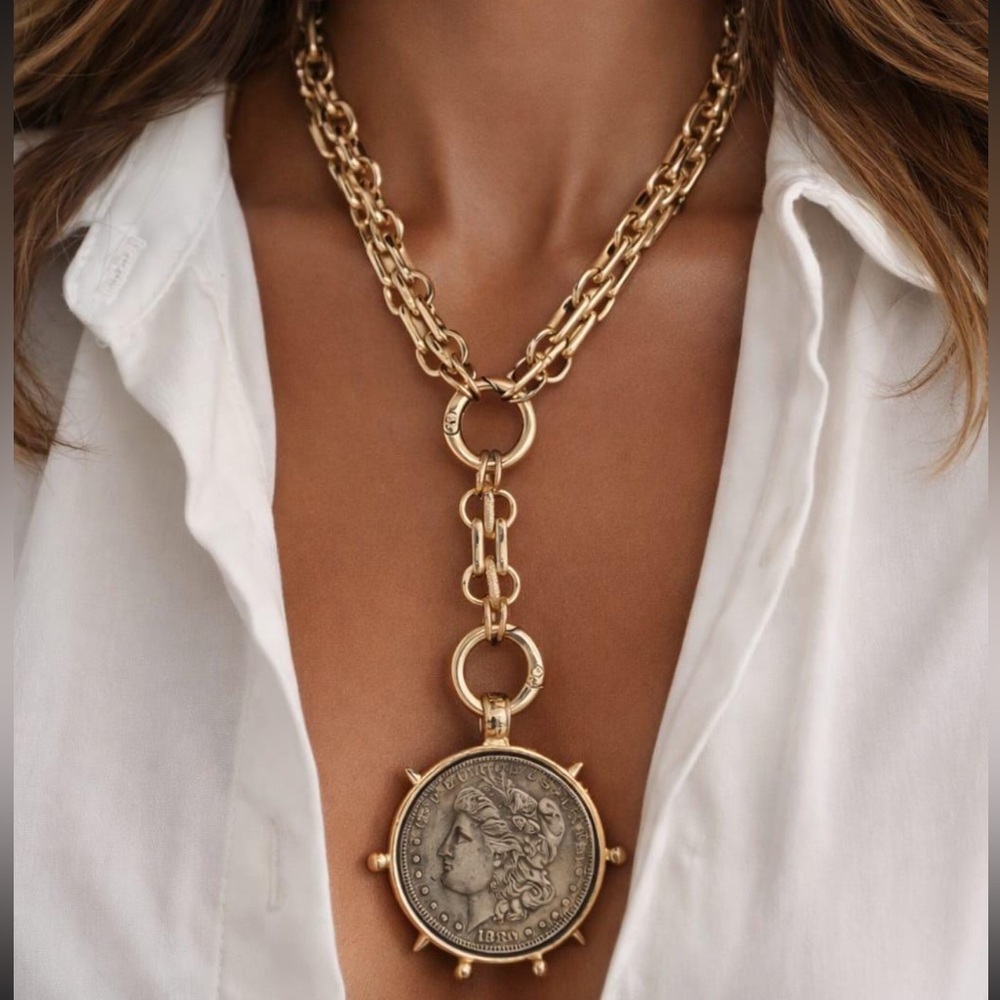 Gold Plated Vintage Coin Necklace – Statement Medallion Y Lariat - Picture 4 of 7